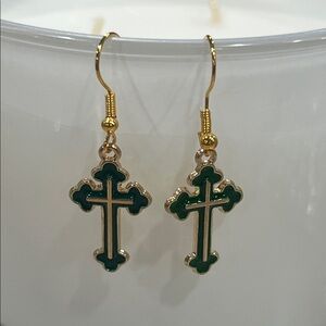 Gold and Green Enamel Cross Earrings